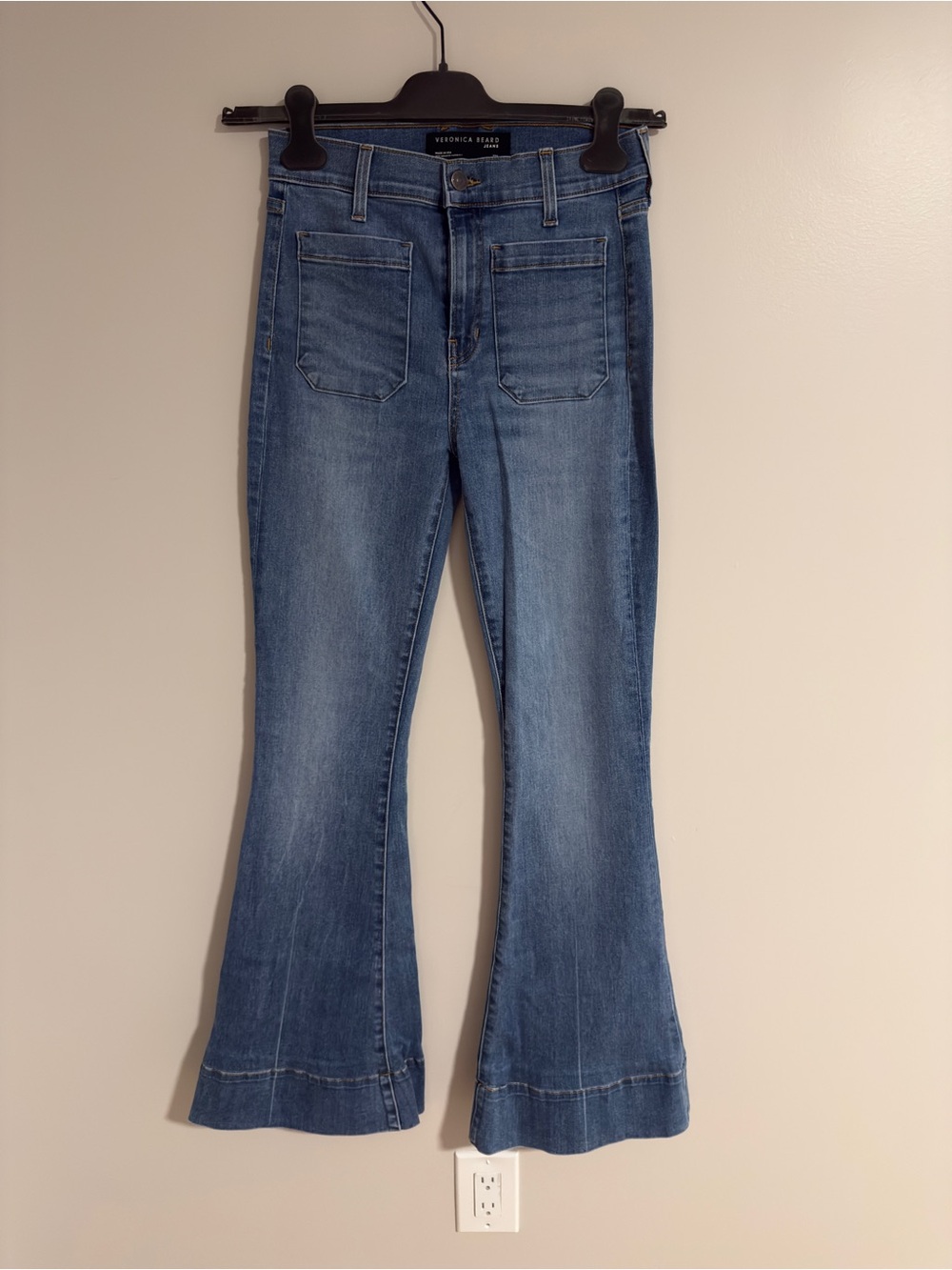 Veronica Beard Mid-Blue Flare Jeans with Patch Front Pockets